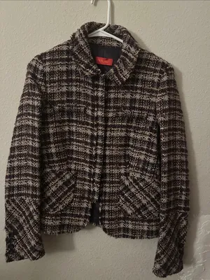 Textured Plaid Tweed Blazer Jacket in Black and Cream thumbnail 7