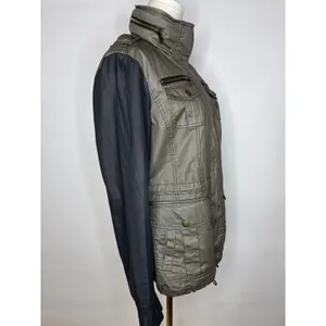 Michael Kors Women Olive Green Black Mixed Media Utility Jacket Small Brass Zip thumbnail 5