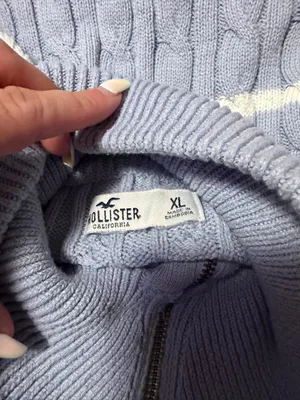 Hollister Blue Cable-Knit Half-Zip Turtleneck with Cream Stripes thumbnail 3