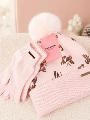 Juicy Couture Kids Pink Pom Pom Beanie & Gloves Set Fits Adults NWT thumbnail 2