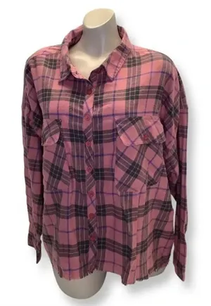 Wine Size 1X Crop Flannel Fringe Trim Button Down Top. New With Tags thumbnail 1