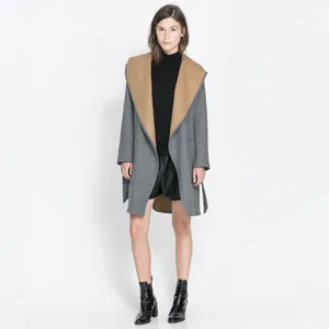 Zara Wool Blend Camel Gray Wraparound Hooded Coat MEDIUM thumbnail 3