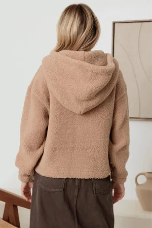 VICI teddy button front pocketed hoodie mocha  thumbnail 4