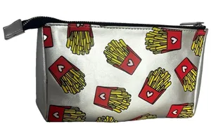 Silver Faux Leather Makeup Bag Zipper Pouch French Fries Pop Art Y2K Retro look thumbnail 1