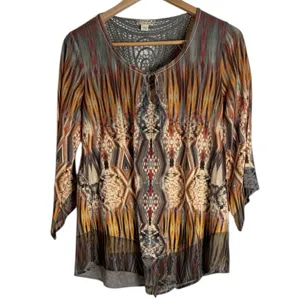 Energe World Wear Multicolor Abstract Boho Pattern Ethnic Tunic Lace Detail sz M thumbnail 2