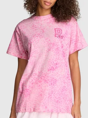 👚🐆PINK VICTORIA’S SECRET Campus Cotton Oversized Tee Pink Leopard LARGE thumbnail 1