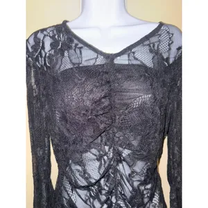Whimsigoth Black Floral Lace Bell Sleeve‎ V-Neck Sheer Gothic Top L Victorian thumbnail 3