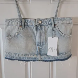 ZARA NWT Denim Crop Tank Top Womens S Spaghetti Strap Raw Hem Y2K Grunge thumbnail 3