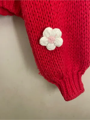 Luna Ivy Chunky Knit Flower Appliqué Cardigan Sweater Red Pink M Cottagecore thumbnail 10