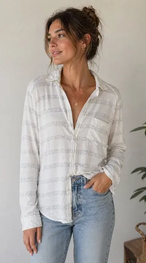 Frank & Eileen Tee Lab Eileen Button Down Shirt White Grey Stripe Cotton Small thumbnail 1