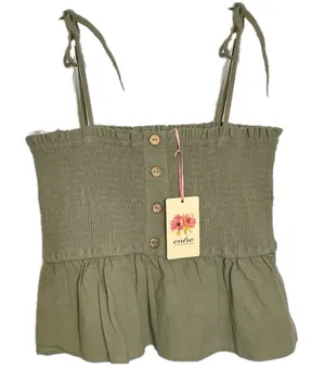 NWT Entro Sage Green Peplum Smocked Bodice Top w/ Adjustable Self-Tie Straps thumbnail 1