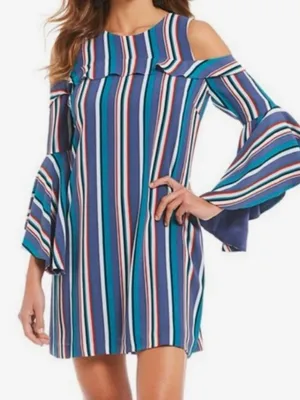 Gianni Bini Multi-Stripe Cold-Shoulder Shift Dress in Blue Teal thumbnail 1