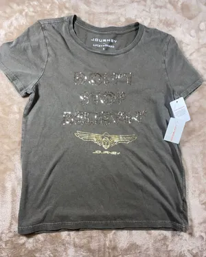 Lucky Brand Journey Olive Green Short Sleeve Tee with Gold Foil & Sequins thumbnail 1