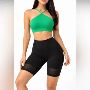JESFER Activewear Set size S Green Strappy Sports Bra & Black Biker Shorts(A237) thumbnail 2