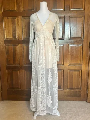 Altar'd State Norrie Maxi Dress XS White Lace Boho Wedding Engagement Nude Liner thumbnail 2