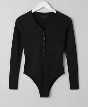 DKNY Medium Black Ribbed Henley Long Sleeve Bodysuit Snap Front thumbnail 1