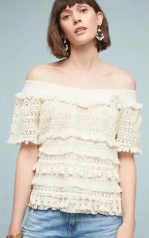 Anthropologie Love Sam Top Blouse Off the Shoulder Tassel Fringe‎ Size Medium thumbnail 1