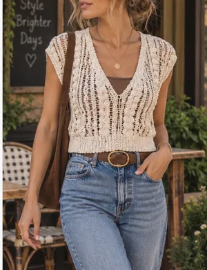 Ivory Crochet Floral Open Knit Crop Top Medium Boho Artisan thumbnail 1
