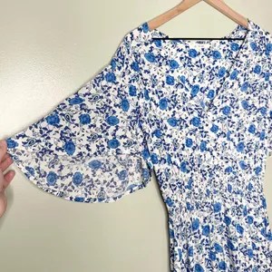 Abel The Label Hi-Lo Ruffle Hem Short Sleeve Floral Maxi Dress Blue White Medium thumbnail 5