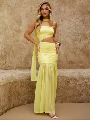 Amazon Yellow maxi dress cutout mesh ruched gown slit strapless neckscarf wedding guest thumbnail 6