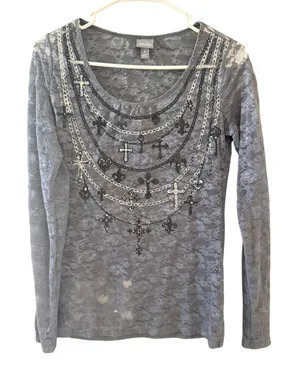 Vanity Y2k Womens Grey Lace Long Sleeve Mesh Cross‎ Chain Print Top Sm Grunge thumbnail 1