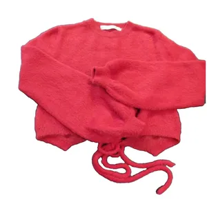 Altar’d State Fuzzy Eyelash Cropped Sweater Raspberry XS Pre‑Owned Tie back thumbnail 1