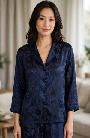 Victoria’s Secret Vintage S Navy Satin Jacquard Floral Pajama Top Button Front thumbnail 1