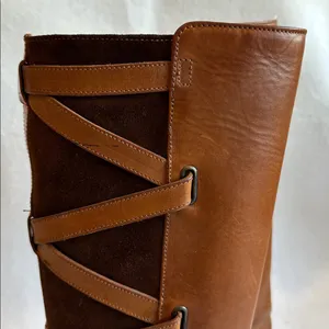 Frye Brown Leather Knee-High Boots with Suede criss cross accents size 8.5 thumbnail 2