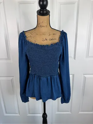 Old Navy Blue Smocked Peplum Top Size M NWOT 100% Lyocell Long Sleeve thumbnail 2