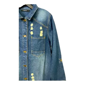 Woman Distressed Denim Jacket Shirt Dress Medium Medium Wash Long Sleeve thumbnail 5