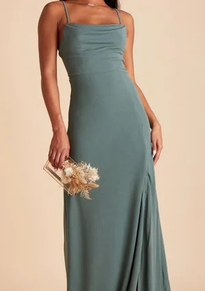 Birdy Grey Ash Crepe Sea Glass Bridesmaid Dress Party cowl neck slit floor length skinny spaghetti straps, invisible back zipper stretch crepe-L thumbnail 2