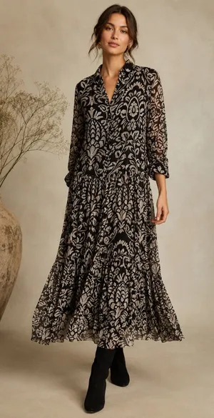 Karyn‎ Sep Dress Long Boho Maxi Sheer Long Sleeve Shirt Button Front Peasant M thumbnail 1