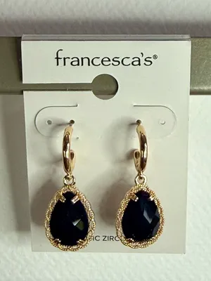 Francesca's Collections Gold Hoop Earrings with Black Teardrop Stones thumbnail 1