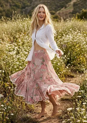 Free People Ethereal Dainty Cottage Prairie Bordeaux Floral Maxi Skirt Large thumbnail 1