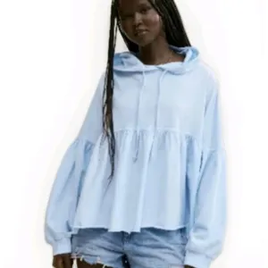 Aerie Peplum Hoodie Sweatshirt‎ Small Blue Balloon Sleeve Babydoll Oversized S thumbnail 3