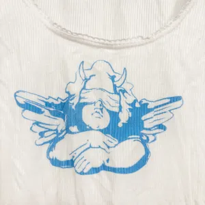 Boys Lie Womens White Blue Cherub Graphic Ribbed Lace Trim Crop Tank Top Size L thumbnail 2