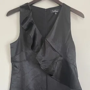 𝅺NWT LULUS Aubrianna Black Satin Ruffled Mini Dress thumbnail 5