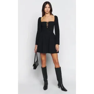 Reformation Johnny Mini Dress Womens 6 Black Square Neck Lace Up Cotton NWT thumbnail 2
