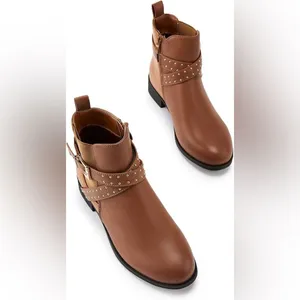 Tan Low Ankle Boots Vegan Faux Leather Women's 6.5 Studs Buckle Western Boho thumbnail 2
