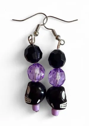 Handmade Gothic Black Skull & Purple Crystal Earrings 💜 thumbnail 1