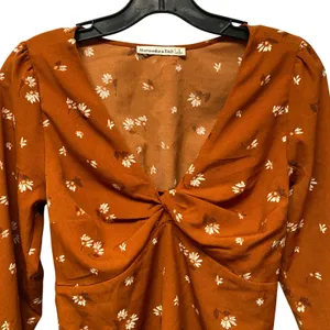 Abercrombie Fitch Rust Floral Twist Front Smocked Waist Babydoll Blouse Top Sz S thumbnail 2