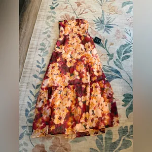 Lulus Bright Perspective Plum and Orange Floral Strapless Midi Dress thumbnail 4