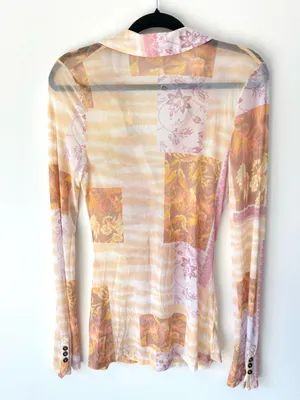 Free People Lucky Shirtee Light Combo Sheer Mesh Button Front Floral Patchwork thumbnail 7