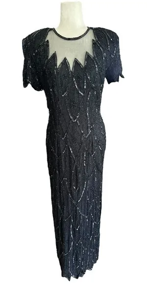 Vintage Stenay Silk Beaded Maxi Dress 6 Black Gown Cocktail Beaded Formal Party‎ thumbnail 1