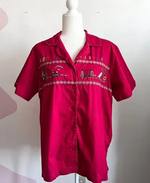 Bobbie Brooks Red Teacher‎ Embroidered Shirt, Whimsical Retro Vintage 14W/18W thumbnail 1
