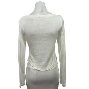 Free People Women's White Long Sleeve V Neck Rib Knit Henley T Shirt Tee Top S thumbnail 3