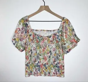 Anthropologie Aurelia Smocked Top Floral Cream Size M Balloon Sleeve Ruching thumbnail 1