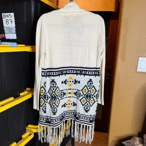 Skies Are Blue Cream Aztec Tribal Fringe Long Cardigan Sweater Size Medium thumbnail 10