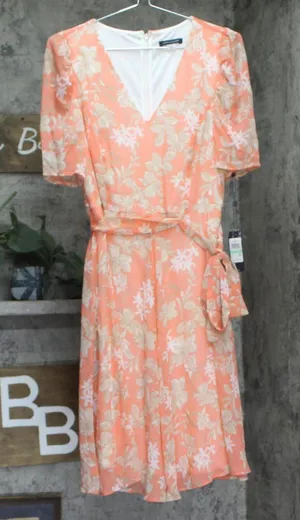 Tommy Hilfiger Womens Tie Front Printed Capelet Fit & Flare Dress Coral Pink 8 thumbnail 1