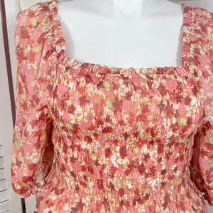 Nanette Lepore Cottagecore Floral Smocked Peplum‎ Puff Sleeve Blouse Pink Large thumbnail 5